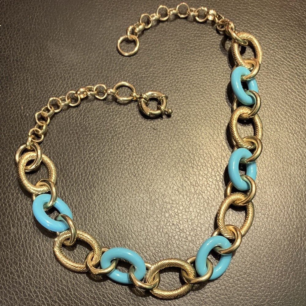 Chunky Gold Twisted Link & Bright Turquoise Enamel Chain Statement Necklace #342